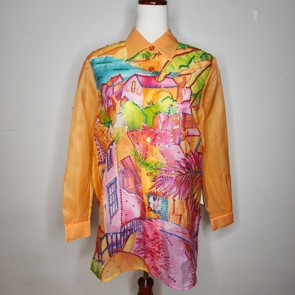 NWT Diane Gilman 100% Silk Watercolor Sequined Button Down Tunic Blouse Sz Small - Picture 1 of 9
